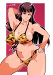  1girl absurdres animal_print bangs bikini black_hair blunt_bangs breasts cleavage dated girls_und_panzer highres long_hair looking_at_viewer midriff navel nishizumi_shiho shinkuukan_(tetsuo3) side-tie_bikini solo straight_hair swimsuit tiger_print 