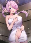  1girl bangs bare_shoulders blue_eyes blush braid breasts cherry_blossoms cleavage commentary draph eyebrows_visible_through_hair granblue_fantasy hair_over_one_eye highres horns large_breasts light_purple_hair long_hair looking_at_viewer low_tied_hair narmaya_(granblue_fantasy) open_mouth pointy_ears purple_hair single_braid smile solo steam symbol-only_commentary uneg 