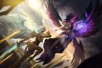  2girls absurdres angel angel_wings armor blakebyun bracelet breasts chain chest_plate cleavage cloud cloudy_sky collar dress dual_wielding feathers fighting fighting_stance floating gauntlets glowing glowing_hand highres holding jewelry kayle_(league_of_legends) landscape league_of_legends leg_armor light looking_at_another morgana_(league_of_legends) multiple_girls necklace purple_eyes purple_hair sky smile sunset sword tan weapon white_hair wings yellow_eyes 