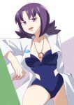  1girl 34_(sanjushi) blue_swimsuit breasts collarbone eyebrows_visible_through_hair highres jewelry labcoat long_hair looking_at_viewer necklace one-piece_swimsuit open_mouth philena_ivy pokemon pokemon_(anime) pokemon_(classic_anime) purple_eyes purple_hair smile solo strapless swimsuit 