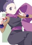  1girl 34_(sanjushi) breasts closed_mouth fishnets highres holding holding_poke_ball janine_(pokemon) japanese_clothes looking_at_viewer ninja poke_ball poke_ball_(basic) pokemon pokemon_(game) pokemon_hgss purple_eyes purple_hair scarf short_hair solo tied_hair 
