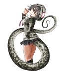  1girl absurdres adansosutega hands_in_pockets highres hood hoodie kemono_friends looking_at_viewer okinawa_habu_(kemono_friends) short_hair sidelocks skirt slit_pupils smile snake_print snake_tail solo striped striped_hoodie striped_tail tail tsurime 