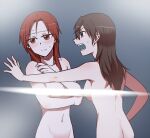  2girls ass back bangs breasts brown_hair closed_mouth commentary completely_nude frown gertrud_barkhorn hair_down kabedon light_censor long_hair looking_at_another looking_away medium_breasts minna-dietlinde_wilcke multiple_girls navel nude open_mouth red_hair standing strike_witches torinone wet world_witches_series 