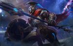  1boy absurdres android armor cape clenched_hands colosseum confetti full_metal_pantheon_(league_of_legends) gauntlets helmet highres league_of_legends light light_rays looking_to_the_side male_focus muscular muscular_male official_art pantheon_(league_of_legends) polearm shield solo spear squatting weapon 