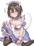  1girl animal_ears apron bangs black_legwear blush breasts brown_hair cat_ears cat_tail choker cleavage clothes_lift commentary_request cross-laced_clothes cross-laced_dress dress dress_lift eyebrows_visible_through_hair fake_animal_ears fake_tail frilled_choker frills hair_between_eyes hair_ornament highres large_breasts lifted_by_self looking_at_viewer maid maid_apron matsunashi_noe nail_polish open_mouth original pantyhose purple_dress purple_eyes purple_nails short_sleeves signature simple_background sitting solo tail translation_request triangle_hair_ornament wariza white_apron white_background x_hair_ornament 