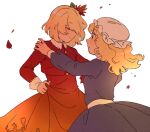  2girls aki_shizuha blonde_hair closed_eyes dancing dress from_side hair_flowing_over hair_ornament hat holding holding_clothes leaf_hair_ornament maribel_hearn mob_cap multiple_girls nekolina purple_dress red_dress smile touhou upper_body wind 