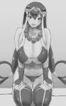  1girl bangs bead_necklace beads bikini blush breasts cleavage collarbone earrings fate/grand_order fate_(series) gonoike_biwa greyscale hair_between_eyes heavy_breathing hoop_earrings huge_breasts jewelry kneeling long_hair looking_at_viewer monochrome navel necklace open_mouth prayer_beads smile solo sweat swimsuit very_long_hair xuangzang_sanzang_(fate) 