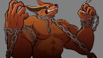  2022 abs absurd_res anthro areola barazoku biceps big_muscles black_body black_fur blush blush_lines bound canid canine chain chained chained_up clenched_teeth digital_media_(artwork) fox fur hi_res kurama male mammal muscular muscular_anthro muscular_male naruto nipples orange_body orange_fur pecs pinumontbalou red_eyes solo tailed_beast teeth 