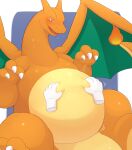  2022 3_fingers 5_fingers absurd_res ai_only_dream belly belly_grab belly_squish charizard claws disembodied_hand finger_claws fingers focus_(disambiguation) green_wings hands_on_belly hi_res multicolored_body nintendo orange_body orange_tail orange_wings pok&eacute;mon pok&eacute;mon_(species) solo squish video_games white_claws wings 