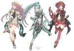  3girls absurdres bangs bare_shoulders black_gloves blonde_hair breasts chascoby chest_jewel cleavage cleavage_cutout clothing_cutout dress earrings fingerless_gloves gloves green_eyes green_hair high_heels highres jewelry large_breasts long_hair multiple_girls mythra_(xenoblade) pneuma_(xenoblade) ponytail pyra_(xenoblade) red_eyes red_hair red_shorts short_dress short_hair short_shorts shorts swept_bangs tiara very_long_hair white_dress white_gloves xenoblade_chronicles_(series) xenoblade_chronicles_2 yellow_eyes 
