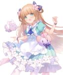  +_+ 1girl animal apron bag bangs blue_bow blush bow braid brown_hair chinese_commentary dress eyebrows_visible_through_hair fang feet_out_of_frame flower green_dress green_eyes hair_bow hair_flower hair_ornament hair_rings indie_virtual_youtuber long_hair looking_at_viewer mixed-language_commentary mochicomame mouse open_mouth pantyhose petals pink_flower puffy_short_sleeves puffy_sleeves sailor_collar sailor_dress shinia short_sleeves shoulder_bag simple_background solo striped striped_bow striped_dress symbol-only_commentary twin_braids vertical-striped_dress vertical_stripes very_long_hair virtual_youtuber white_apron white_background white_flower white_legwear white_sailor_collar 