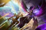  2girls angel angel_wings armor blakebyun bracelet breasts chain chest_plate cleavage cloud cloudy_sky collar dress dual_wielding feathers fighting fighting_stance floating gauntlets glowing glowing_hand highres holding jewelry kayle_(league_of_legends) landscape league_of_legends leg_armor light looking_at_another morgana_(league_of_legends) multiple_girls necklace official_art purple_eyes purple_hair sky smile sunset sword tan weapon white_hair wings yellow_eyes 