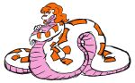  breasts coiling curvy_figure female forked_tongue hair hi_res legless nipples non-mammal_breasts pink_body red_hair reptile scalie serth simple_background snake solo stripes tongue tongue_out underbelly voluptuous white_body 