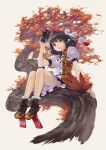  1girl :o autumn_leaves black_hair black_ribbon black_skirt brown_eyes brown_footwear buttons camera cross-laced_footwear frilled_skirt frills full_body geta grey_background hand_up hat hauchiwa highres holding holding_camera leaf looking_at_viewer masakichi_(mmw) neck_ribbon official_art open_mouth pointy_ears pom_pom_(clothes) puffy_short_sleeves puffy_sleeves red_headwear ribbon shameimaru_aya shirt short_hair short_sleeves simple_background sitting skirt solo strange_creators_of_outer_world tengu-geta third-party_source tokin_hat touhou tree white_shirt 