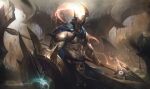  2boys aatrox abs absurdres alex_flores arm_tattoo belt cape clenched_hand fire gauntlets giant glowing glowing_weapon helmet highres horns league_of_legends loincloth looking_at_viewer looking_to_the_side manly multiple_boys muscular muscular_male official_art pantheon_(league_of_legends) pectorals polearm red_eyes sand scar scar_on_chest scar_on_stomach shield skirt spear tattoo thick_arms underpec weapon 