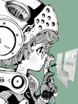  1girl acky_bright animal_on_hand artist_name collar gecko glasses gloves green_background helmet highres holographic_interface lizard messy_hair monochrome original profile reptile ribbed_gloves solo_focus 
