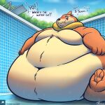  2022 anthro bodily_fluids buizel dialogue fur looking_up male morbidly_obese morbidly_obese_anthro morbidly_obese_male navel nervous_sweat nintendo nude obese obese_anthro obese_male outside overweight overweight_anthro overweight_male patreon pok&eacute;mon pok&eacute;mon_(species) puffed_cheeks sitting solo sweat sweatdrop swimming_pool tanio text video_games wet 