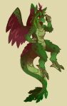  3_toes 4_fingers ambiguous_gender anthro brown_body brown_feathers claws dragon feathers feet fingers fur green_body green_fur green_hair hair hi_res horn hybrid kyisha pink_eyes retros scales solo talons toes wings 