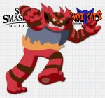  claws closed_mouth commentary copyright copyright_name doc_shoddy english_commentary fire full_body highres incineroar looking_at_viewer no_humans pokemon pokemon_(creature) solo standing standing_on_one_leg super_smash_bros. swat_kats teeth v-shaped_eyebrows white_background yellow_eyes 