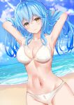  1girl absurdres ahoge armpits arms_up bangs bikini blue_hair blush breasts cleavage closed_mouth cloud colored_tips elf eyebrows_visible_through_hair grabbing_another&#039;s_hair hair_between_eyes heart_ahoge highres hololive large_breasts long_hair looking_at_viewer multicolored_hair navel nikke_(supercell19951218) ocean pointy_ears sky smile solo streaked_hair sunlight swimsuit virtual_youtuber white_bikini yellow_eyes yukihana_lamy 