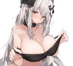  1girl adjusting_clothes areola_slip areolae arknights breasts brown_eyes cleavage collar eyebrows_visible_through_hair highres large_breasts long_hair looking_at_viewer midriff mikozin mudrock_(arknights) pointy_ears standing wet white_background white_hair 