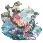  1girl bangs bikini breast_press breasts bug butterfly cleavage collarbone granblue_fantasy hair_between_eyes halter_top halterneck in_tree large_breasts lily_pad long_hair lying minaba_hideo official_art on_stomach orange_eyes pink_hair pointy_ears side-tie_bikini solo swimsuit thighlet transparent_background tree water yggdrasil_(granblue_fantasy) 