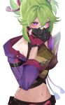  1girl absurdres bare_shoulders black_mask blush breasts cleavage fishnets genshin_impact gloves green_hair half-closed_eyes hand_on_mask highres jacket kuki_shinobu long_sleeves looking_away mask midriff mouth_mask navel nightowl_snr ninja ninja_mask purple_eyes purple_jacket shorts shy simple_background solo white_background 