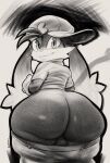  anthro balls big_butt bottomwear bottomwear_down butt clothed clothing domestic_cat felid feline felis genitals greyscale hat headgear headwear hi_res humanoid klonoa klonoa_(series) long_ears looking_at_viewer looking_back male mammal monochrome pants pants_down partially_clothed shirt small_balls smile solo sqoon thick_thighs topwear video_games 