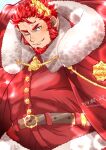  1boy absurdres artist_name bara belt blush cape christmas claude_(housamo) facial_hair fur-trimmed_cape fur_trim goatee green_eyes highres kizami_nori_to_yamaimo laurel_crown long_sideburns looking_at_viewer male_focus mature_male muscular muscular_male official_alternate_costume one_eye_closed red_hair santa_costume short_hair sideburns smile solo thick_eyebrows tokyo_afterschool_summoners twitter_username white_background 