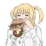  1girl ^_^ akebi-chan_no_serafuku blonde_hair burger burger_malfunction closed_eyes commentary dress_shirt eating failure food highres kizaki_erika long_hair onsen_tamago_(hs_egg) shirt solo two_side_up upper_body white_background 