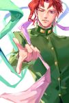  1boy earrings gakuran gradient_scarf green_scarf highres jewelry jojo_no_kimyou_na_bouken kakyoin_noriaki male_focus natapy1 one_eye_closed pink_scarf pointing purple_eyes purple_scarf red_hair scarf school_uniform solo stole 