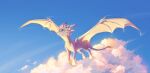  2022 ambiguous_gender blue_eyes claws day detailed_background digital_media_(artwork) dragon feral fying grey_body grey_scales hi_res horn icelectricspyro membrane_(anatomy) membranous_wings outside scales scalie sky solo western_dragon wings 