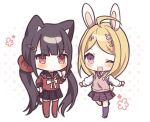  2girls absurdres ahoge akamatsu_kaede animal_ears bangs black_hair blonde_hair chibi closed_mouth danganronpa_(series) danganronpa_v3:_killing_harmony hair_ornament hair_scrunchie hana_no_yo harukawa_maki highres long_hair low_twintails mole mole_under_eye multiple_girls musical_note_hair_ornament necktie open_mouth plaid plaid_skirt pleated_skirt purple_eyes red_legwear red_scrunchie school_uniform scrunchie serafuku skirt sweater_vest thighhighs twintails 