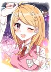  1girl ahoge akamatsu_kaede bangs blonde_hair collared_shirt danganronpa_(series) danganronpa_v3:_killing_harmony hair_ornament hana_no_yo happy_birthday highres long_hair long_sleeves musical_note musical_note_hair_ornament necktie one_eye_closed open_mouth pink_sweater_vest pink_vest puffy_long_sleeves puffy_sleeves purple_eyes shirt solo sweater_vest swept_bangs vest 