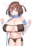  1girl absurdres bangs bikini blue_eyes breasts brown_hair cleavage collar eyepatch_bikini hair_ribbon highres hsuliherng huge_breasts jacket looking_at_viewer navel oppai_loli original ribbon simple_background solo swimsuit twintails two_side_up white_background 