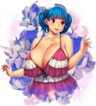  1girl bare_shoulders blue_hair breasts dress english_commentary erkaz floral_print flower highres huge_breasts medium_hair open_hands open_mouth original rina_atherina striped striped_dress upper_body white_background 