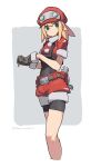  1girl artist_name belt black_gloves blonde_hair commentary gloves green_eyes hat highres medium_hair mega_man_(series) mega_man_legends pointy_nose red_shorts removing_glove roll_caskett_(mega_man) shorts simple_background solo standing sweat takamiyadaira two-tone_background wrench 