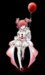  1girl arc_the_lad arc_the_lad_ii balloon bishoujo_terror breasts choko_(arc_the_lad) cosplay dress full_body gloves highres izumi_kouyou looking_at_viewer pennywise pennywise_(cosplay) protected_link red_hair short_hair short_twintails simple_background skirt smile solo striped thighhighs twintails 