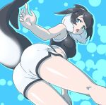 1girl acesrulez alternate_costume bare_shoulders black_hair black_shirt blue_eyes casual cetacean_tail commentary_request crop_top dolphin_shorts eyebrows_visible_through_hair highres kemono_friends midriff multicolored_hair orca_(kemono_friends) orca_girl shirt short_hair short_shorts shorts sleeveless solo sports_bra two-tone_hair white_hair white_shorts 