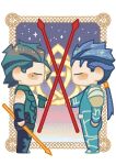  2boys black_hair blue_hair blush chibi crossed_swords cu_chulainn_(fate) cu_chulainn_(fate/stay_night) diarmuid_ua_duibhne_(lancer)_(fate) fate/grand_order fate_(series) fi-n-ona from_side full_body gae_bolg_(fate) gae_dearg_(fate) hair_strand highres male_focus mole mole_under_eye multiple_boys pixel_art ponytail short_hair sword weapon 