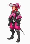  1girl 33dot armor breastplate clenched_hands closed_mouth gauntlets greaves grey_background hat highres large_hat long_hair orange_eyes original pauldrons purple_headwear red_hair scabbard sheath sheathed shoulder_armor simple_background solo standing sword turtleneck weapon 