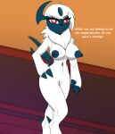  absol anthro areola big_breasts breasts clothing dialogue female female/female front_view genitals hi_res humanoid legwear looking_at_viewer nintendo nipples nude nude_female pok&eacute;mon pok&eacute;mon_(species) pussy samrunner solo text thick_thighs thigh_highs video_games 
