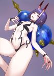  1girl bangs bare_shoulders bob_cut breasts collarbone eyeliner fate/grand_order fate_(series) headpiece highres horns looking_at_viewer makeup minazuki_juuzou oni oni_horns open_mouth purple_eyes purple_hair revealing_clothes short_hair shuten_douji_(fate) skin-covered_horns small_breasts smile solo thighs 