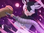  1girl :d absurdres animal_ear_fluff antelope_ears antelope_horns bangs black_cape black_hair blackbuck_(kemono_friends) cape center_frills commentary extra_ears frills full_moon hair_over_one_eye highres holding holding_weapon horns kemono_friends long_sleeves looking_at_viewer moon multicolored_hair one_eye_covered open_mouth red_eyes shiraha_maru shirt short_hair smile solo teeth two-tone_hair upper_teeth weapon white_hair white_shirt 