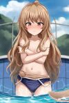  1girl absurdres aisaka_taiga blush brown_eyes brown_hair competition_school_swimsuit cover highres long_hair looking_at_viewer school_swimsuit shengtian sky solo solo_focus summer swimsuit toradora! wet 