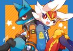  absurd_res ambiguous_gender anthro blue_body blue_fur canid canine cinderace clothing colored digital_media_(artwork) fur hi_res lagomorph leporid lucario mammal minamo_(pixiv17726065) nintendo one_eye_closed pok&eacute;mon pok&eacute;mon_(species) pokemon_unite red_body red_eyes red_fur signature simple_background skindentation solo space_style_cinderace space_style_lucario star thick_thighs video_games white_body white_fur wink yellow_body yellow_fur 