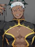  1boy :q abs abs_cutout angel bara black_clothes cleavage_cutout clothing_cutout dark-skinned_male dark_skin evil_smile halo highres israfil_(housamo) large_pectorals looking_at_viewer male_focus muscular muscular_male nipples nizitarosan pectoral_cleavage pectorals pouring pouring_onto_self red_eyes short_hair sideburns smile solo tokyo_afterschool_summoners tongue tongue_out upper_body white_hair zabaniya_(housamo) 