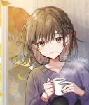  2girls blue_eyes braid brown_hair closed_mouth coffee commentary cup different_reflection floating floating_object hair_ribbon highres holding holding_cup knees_up leaf leaning_on_object looking_at_viewer mirror multiple_girls on_floor open_mouth original red_eyes red_ribbon reflection ribbon sake_(utopia_modoki) short_hair siblings sitting smile steam sweater twins 