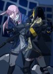  2girls ar-15 black_legwear black_skirt blue_jacket brown_hair closed_eyes dress fingerless_gloves girls&#039;_frontline gloves gun holding holding_weapon jacket jamie_leano m16a1_(girls&#039;_frontline) meme multicolored_hair multiple_girls necktie parody pink_hair rifle scarf side_ponytail skirt slapping st_ar-15_(girls&#039;_frontline) streaked_hair two-tone_hair weapon white_dress white_scarf will_smith_slapping_chris_rock_(meme) 