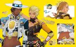  1girl 2boys aces_high_seer apex_legends badge belt black_belt black_bodysuit black_gloves blonde_hair bodysuit bracelet braid breaking_the_law_loba breasts brown_eyes brown_hair butt_crack cleavage cropped_jacket crypto_(apex_legends) drone eyeshadow fingerless_gloves gloves goggles goggles_on_headwear hack_(apex_legends) hand_on_hip jacket jewelry lip_piercing loba_(apex_legends) makeup medium_breasts medium_hair midriff multiple_boys official_alternate_costume orange_jacket piercing ponytail red_eyeshadow seer_(apex_legends) senbiki_(nonono69) smile spiked_bracelet spikes white_headwear white_jacket 